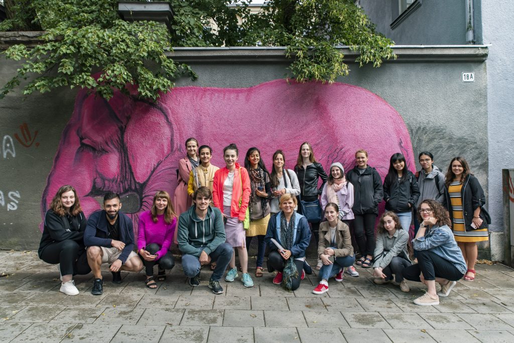 Students and elephant mural